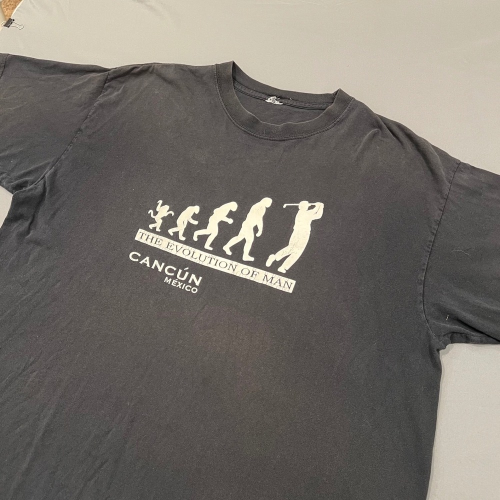 Vintage 90s Evolution of Man Golf Graphic T-Shirt Faded Black XL